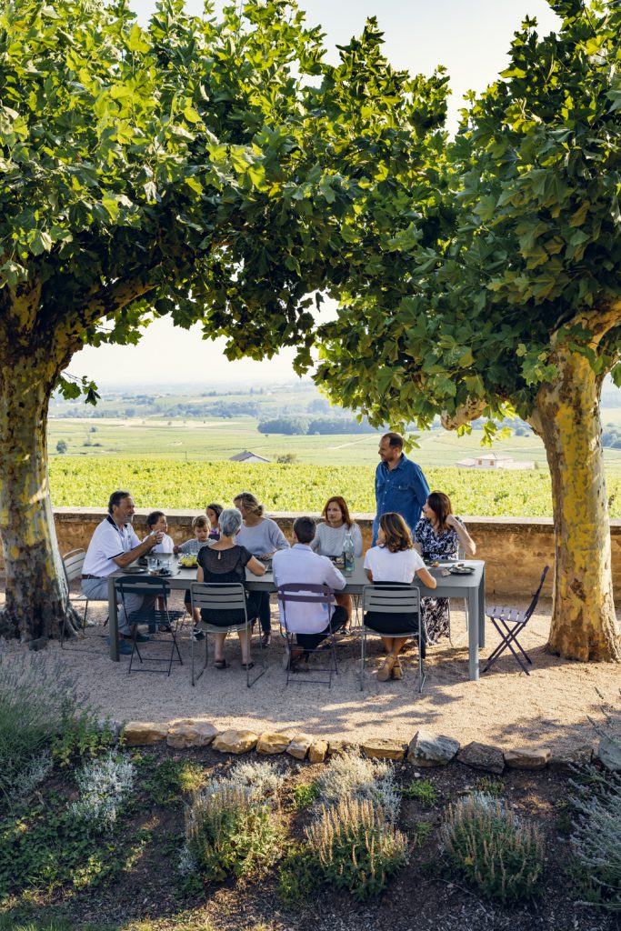 Un groupe de personnes assises à une table sous un arbre.