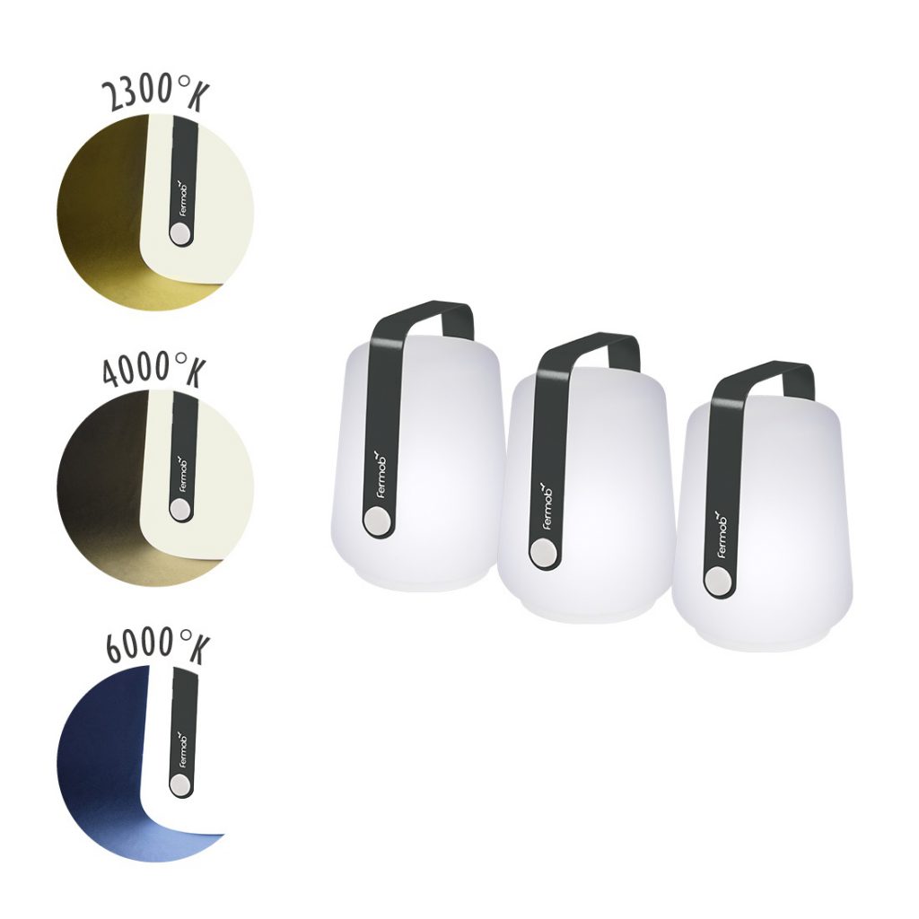 Un ensemble de quatre lanternes de différentes couleurs et tailles.