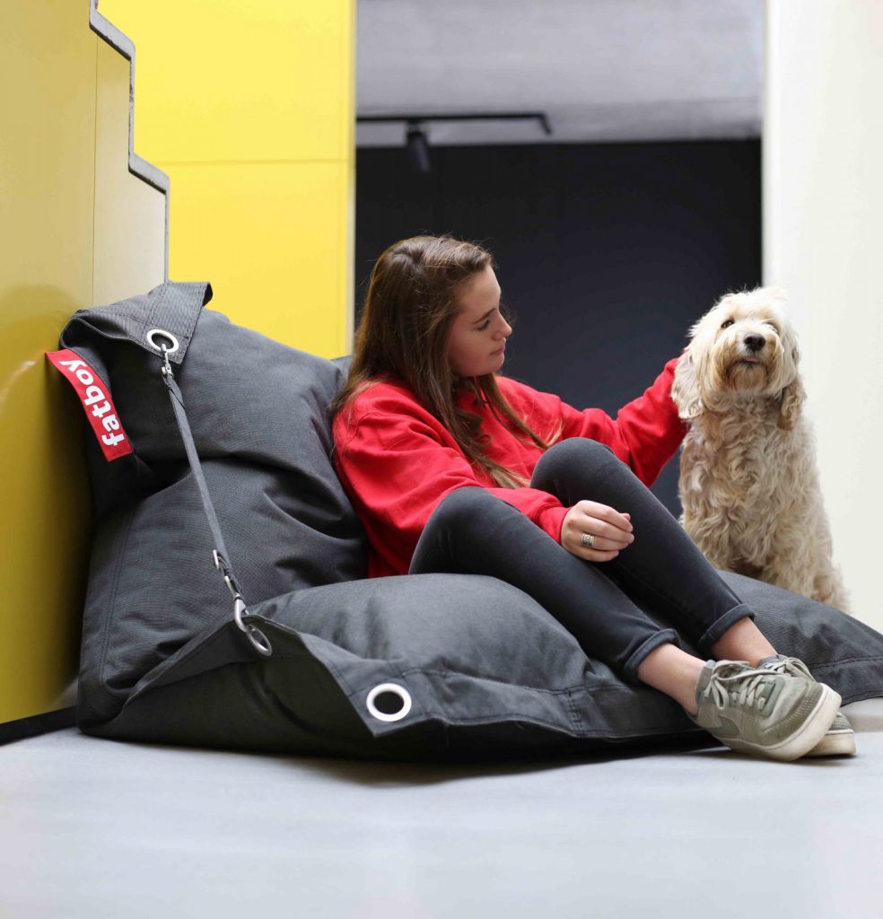 Une femme assise sur un fauteuil poire avec un chien.