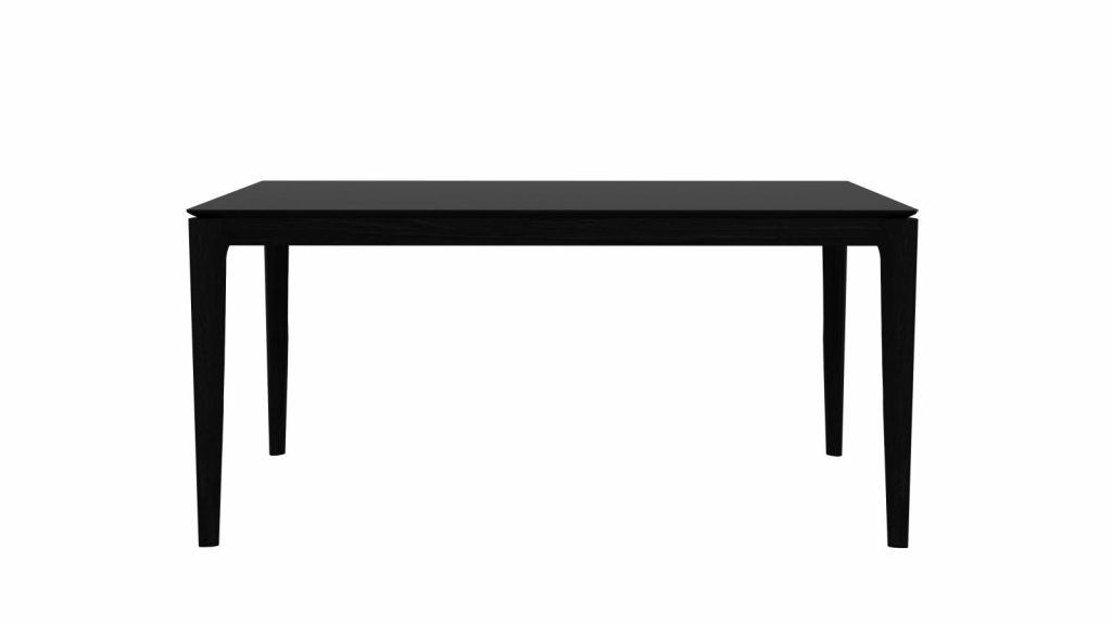 Une table à manger noire sur fond blanc.