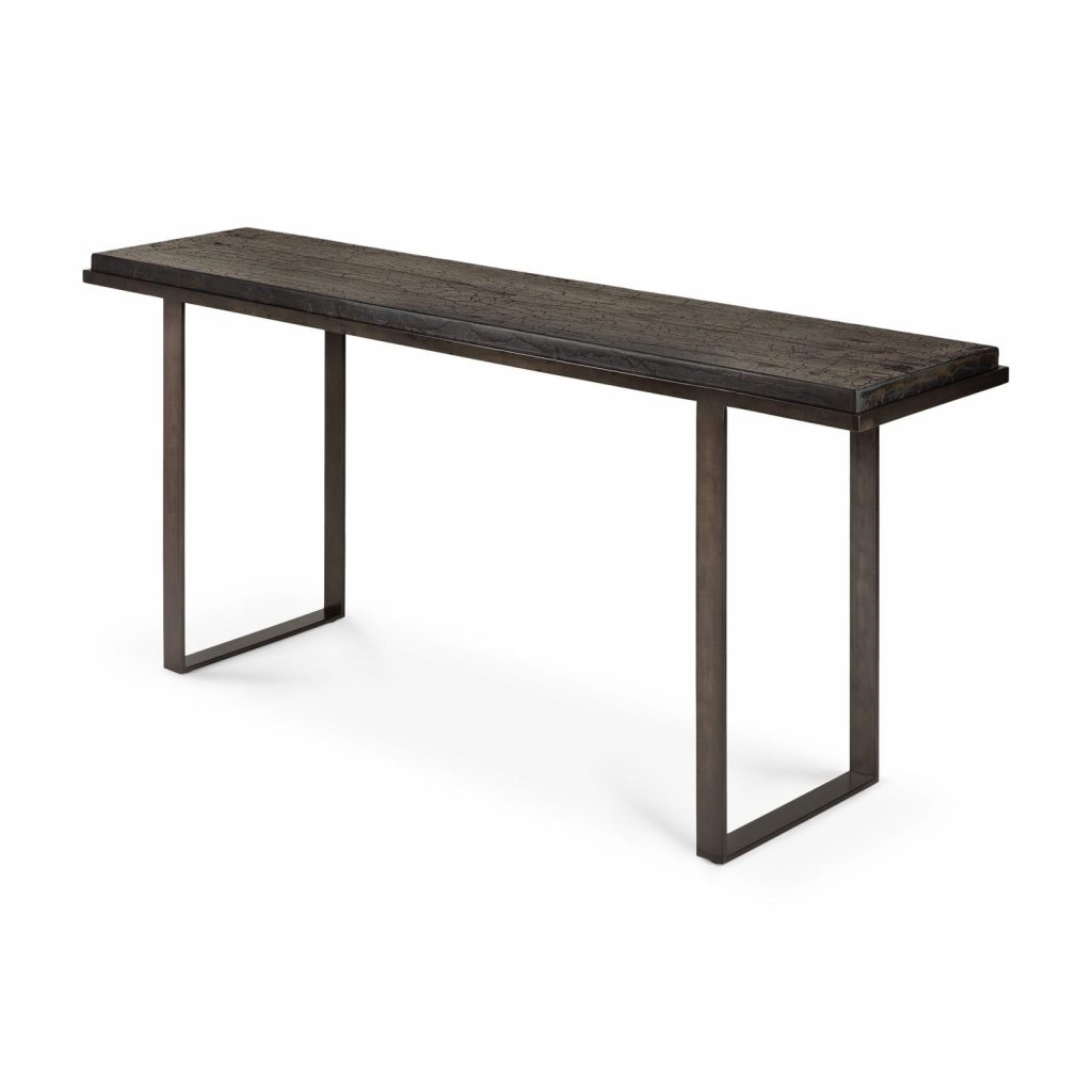 Une table console avec une structure en métal et un plateau en bois.