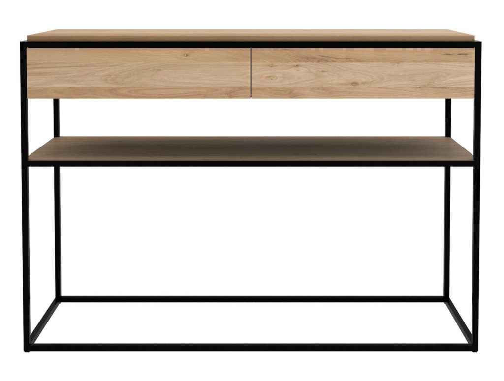 Une table console noire et bois avec deux tiroirs.