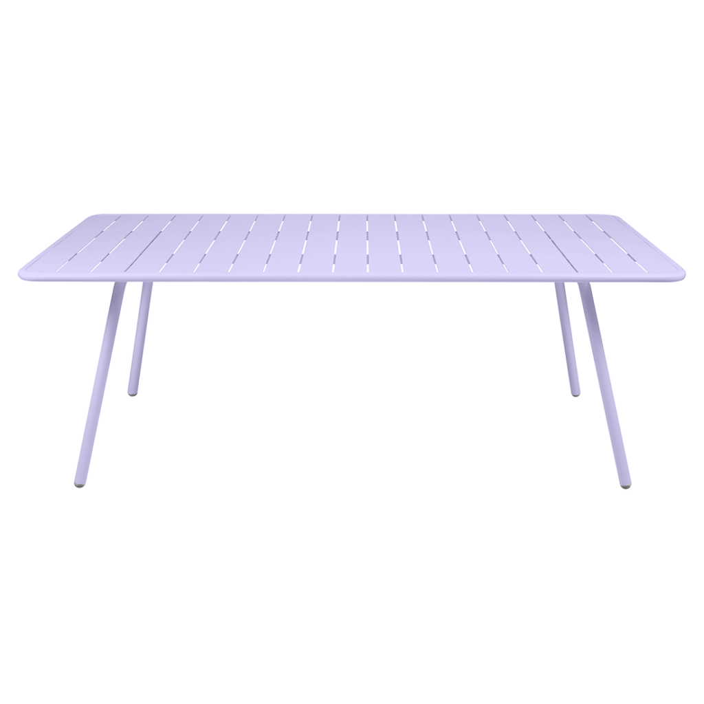 Une Table Luxembourg, 207 x 100 cm avec un plateau et des pieds violets, sur fond blanc.