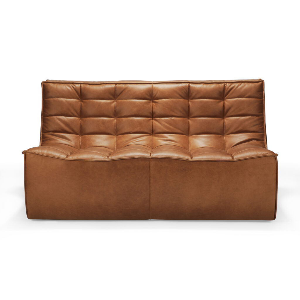 Le Canapé moderne N701 en cuir aniline marron, doté de coussins touffus et d'un design élégant sans accoudoir, accueille confortablement 2 personnes sur un fond blanc.
