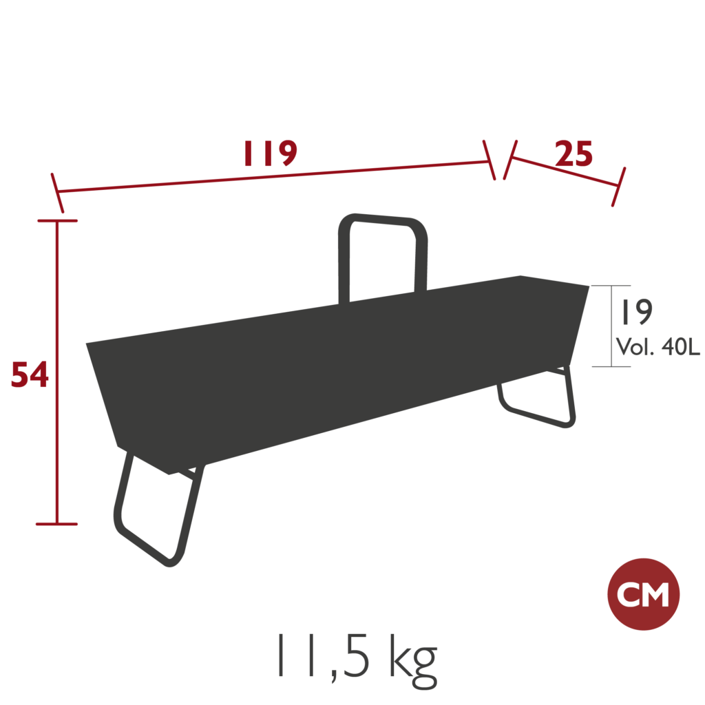 Silhouette de la Jardinière longue Panier, rectangulaire avec anse et pieds ; dimensions : 119 cm (L), 54 cm (H), 25 cm (l), 19 cm (P) ; capacité : 40L ; poids : 11,5 kg.