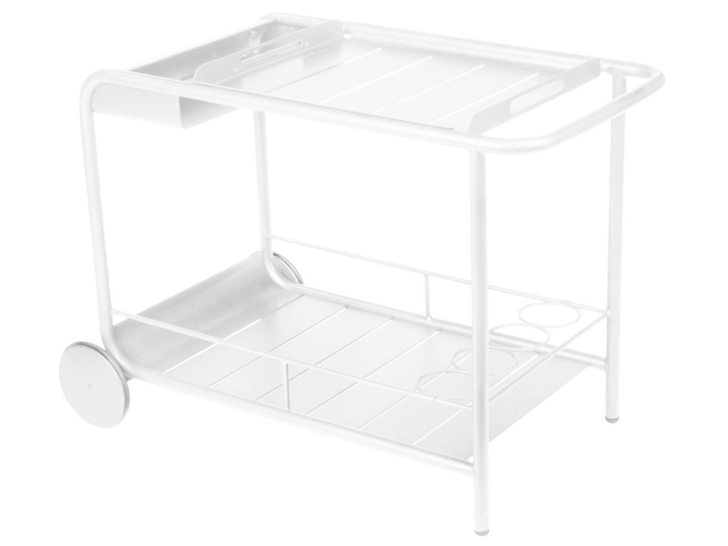 Un chariot de service blanc avec roues sur fond blanc.