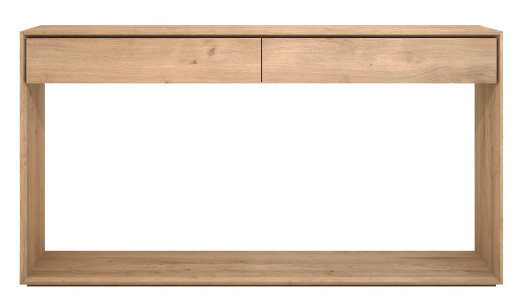 Une console en bois avec deux tiroirs.