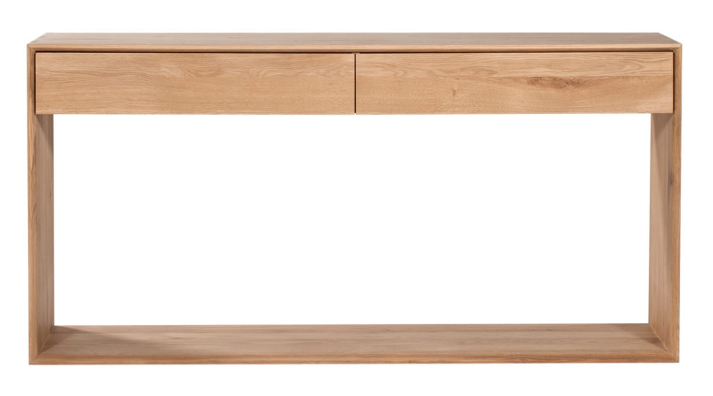 Une console en bois avec deux tiroirs.