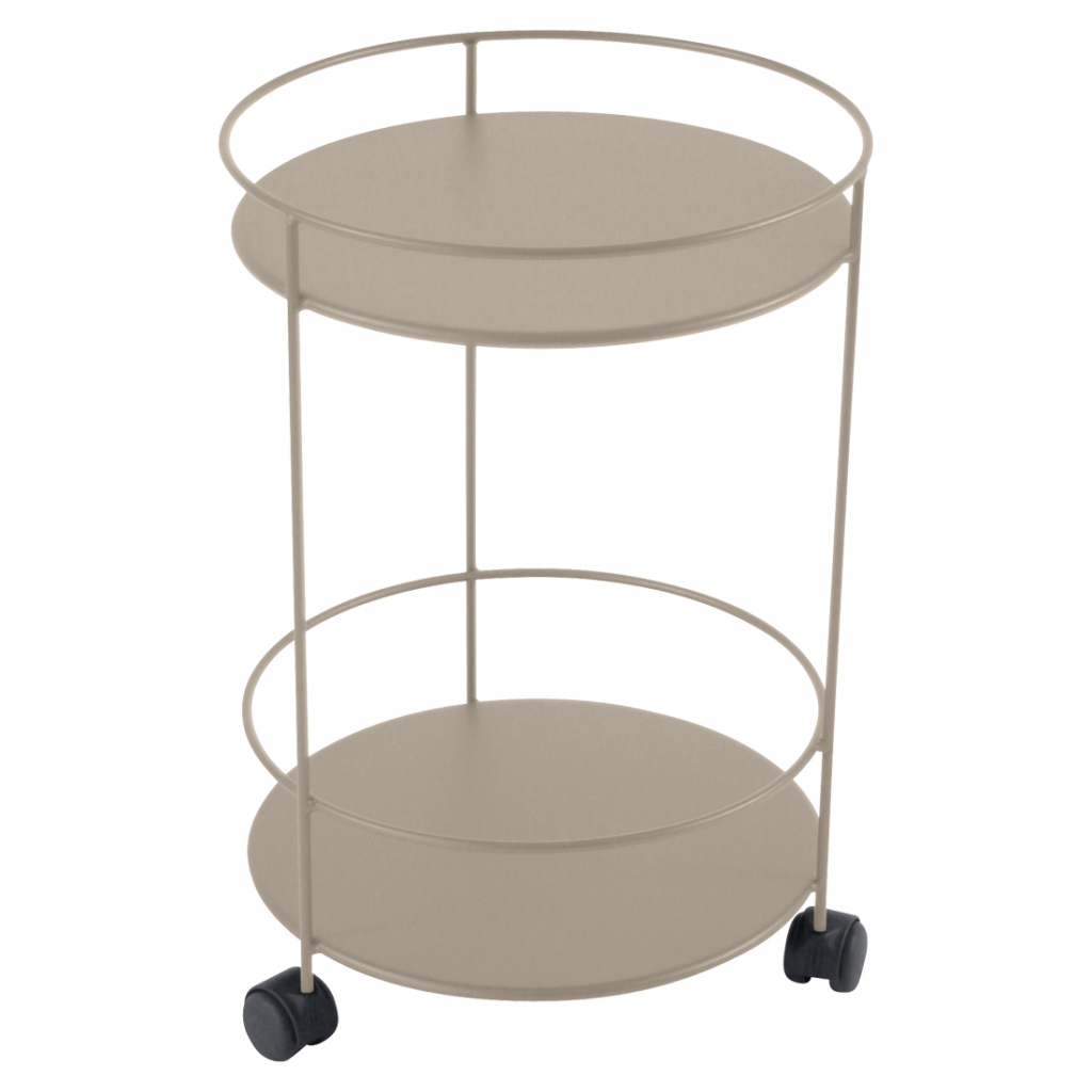 Un chariot de service en métal beige sur roulettes.