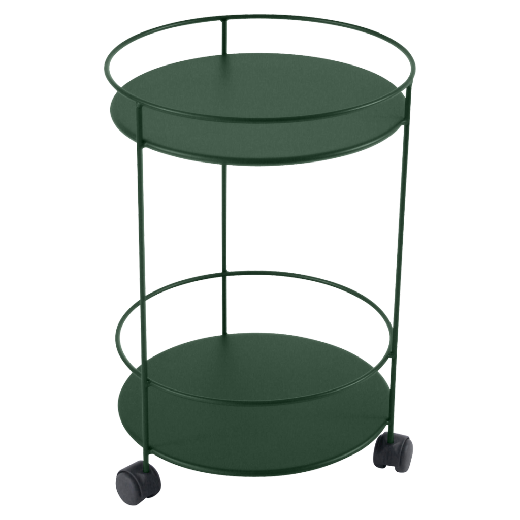 Un chariot de service vert avec roues sur fond blanc.