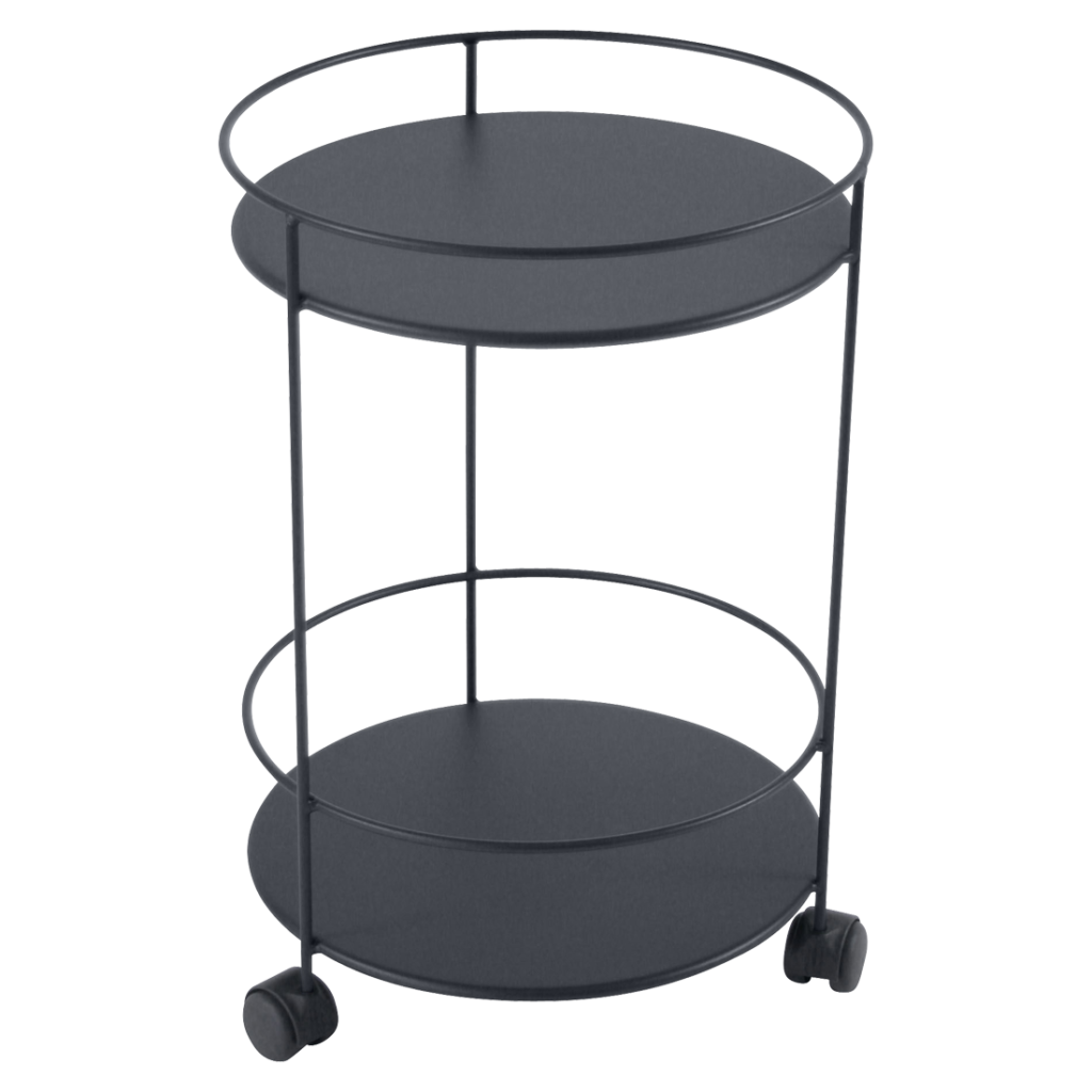 Un chariot de bar noir à deux niveaux sur roues.