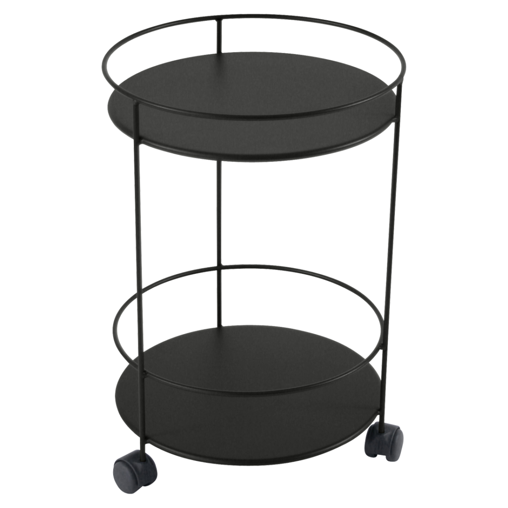 Un chariot de bar noir à deux niveaux sur roues.