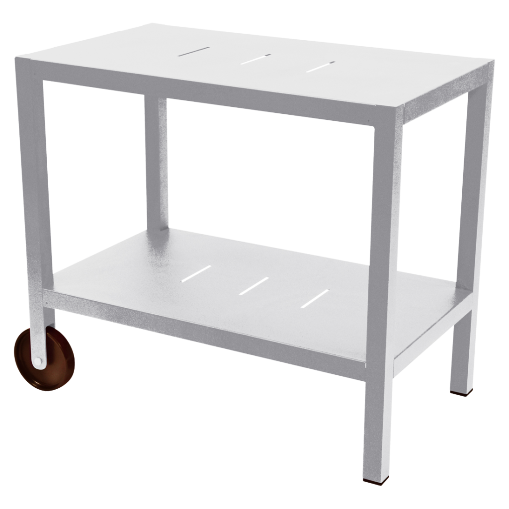 Une table blanche avec des roues sur fond blanc.