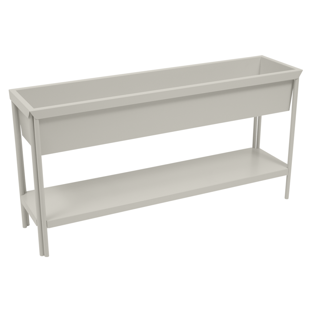 Un support à plantes blanc avec une étagère.