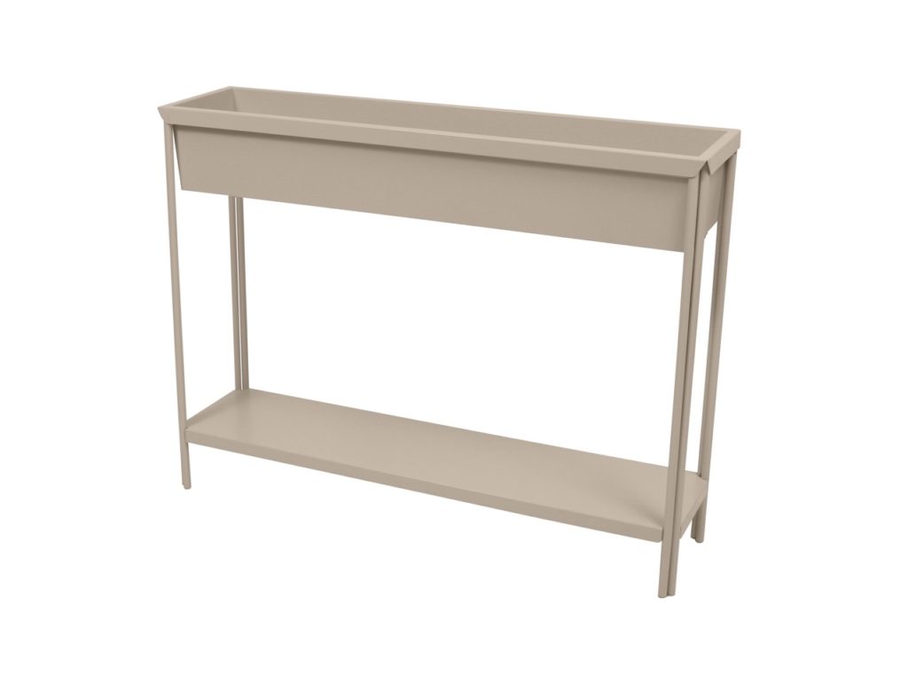 Un support à plantes beige avec une étagère.