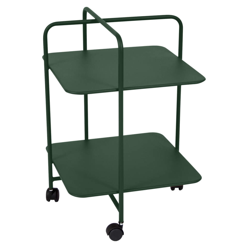 Un chariot vert avec deux étagères sur roulettes.