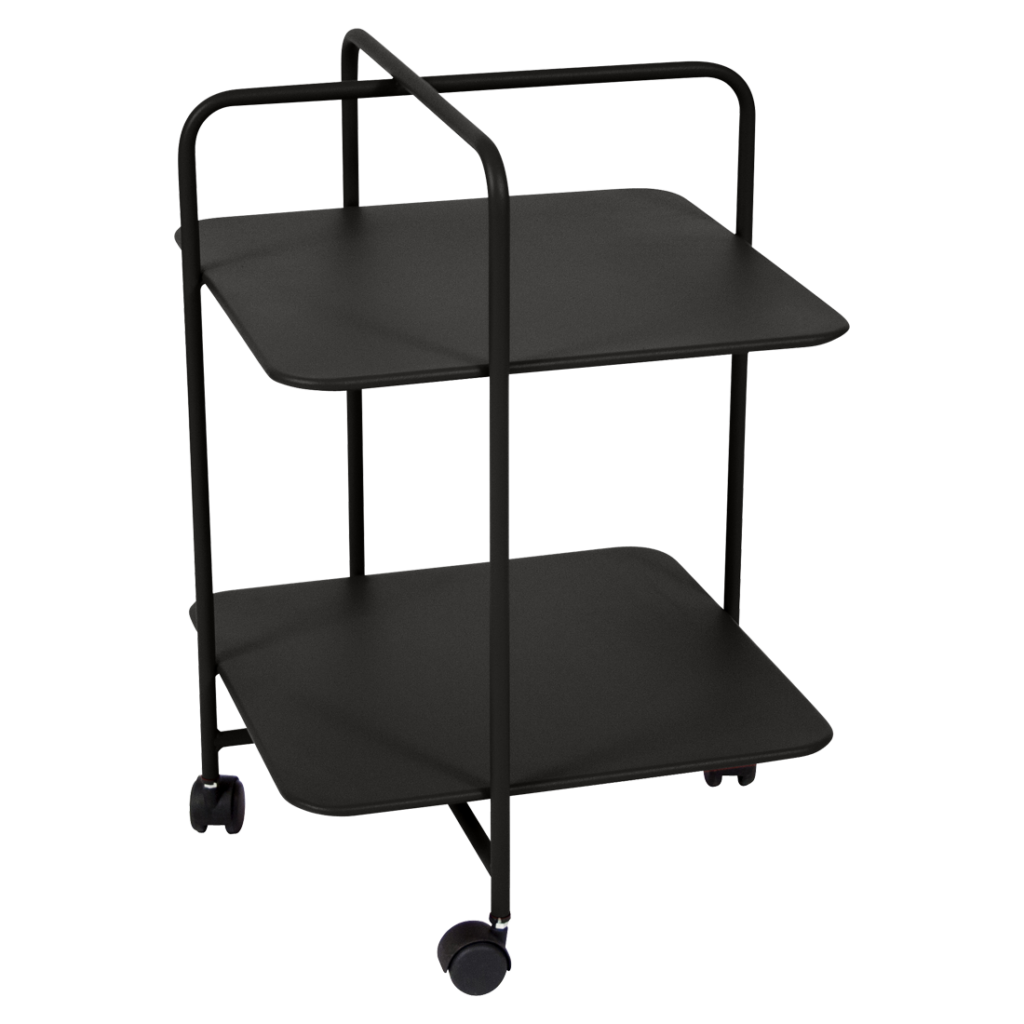 Un chariot noir avec deux étagères sur roulettes.
