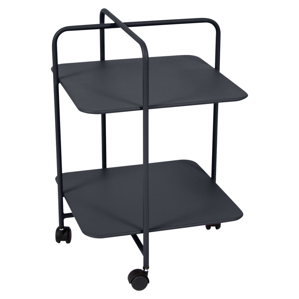 Un chariot noir avec deux étagères sur roulettes.