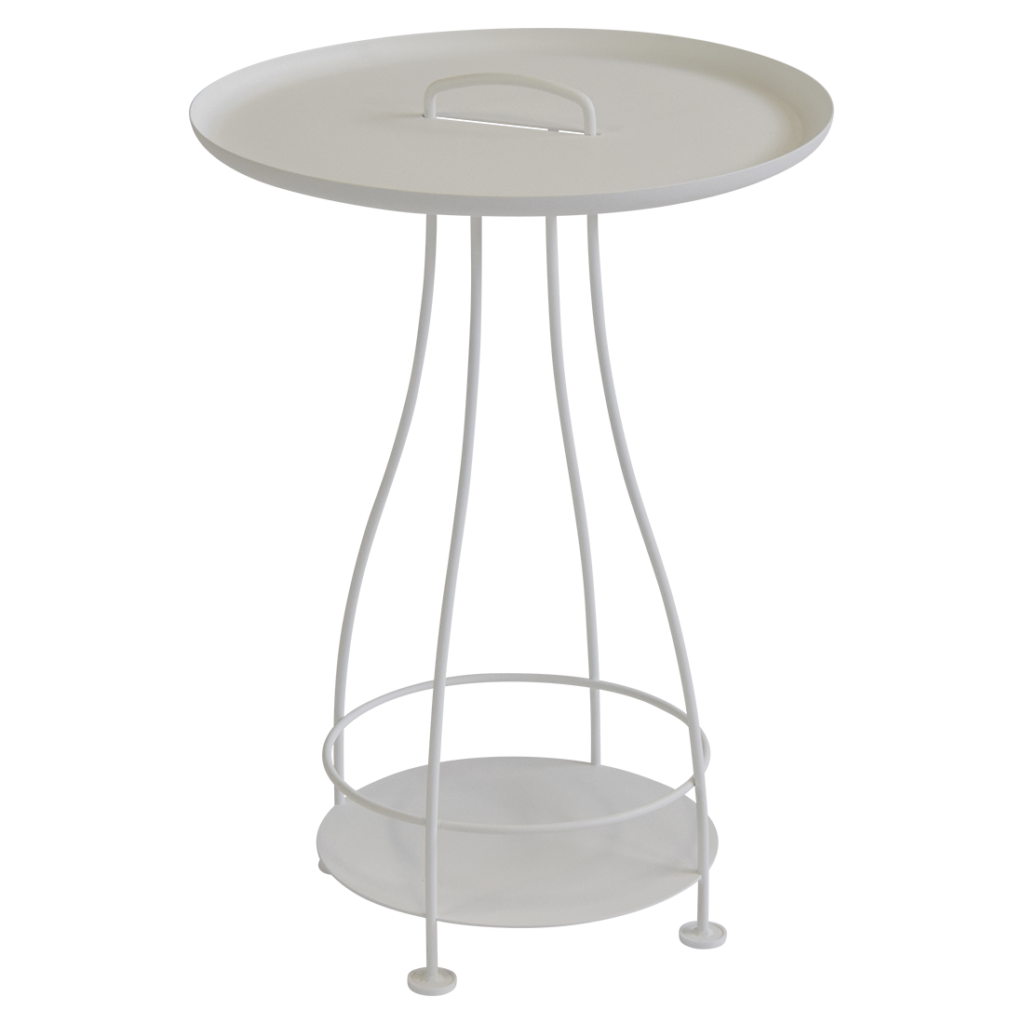 Une table d'appoint blanche avec une base en métal.