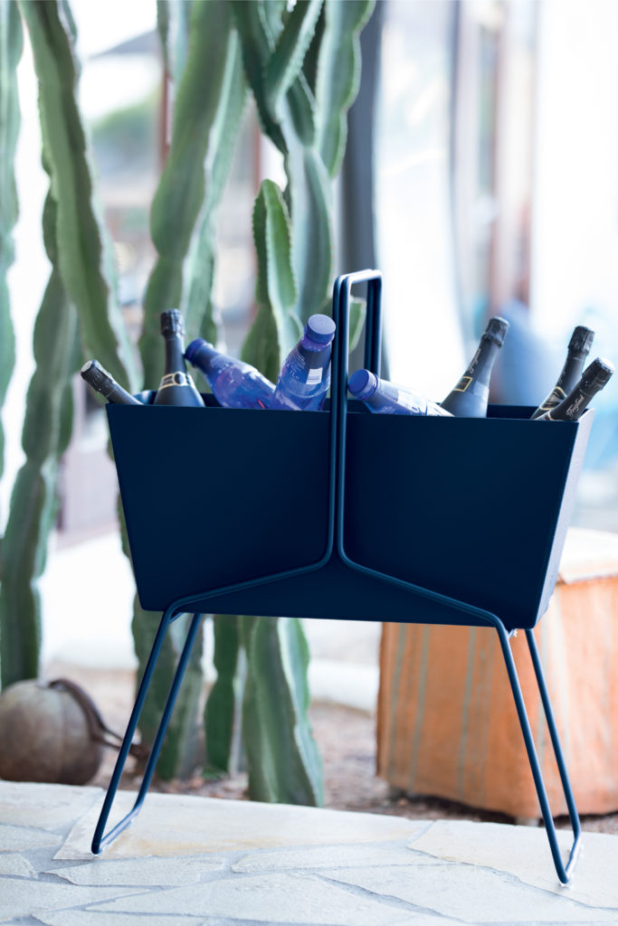 Un cactus posé sur une table à côté d’une bouteille de vin.