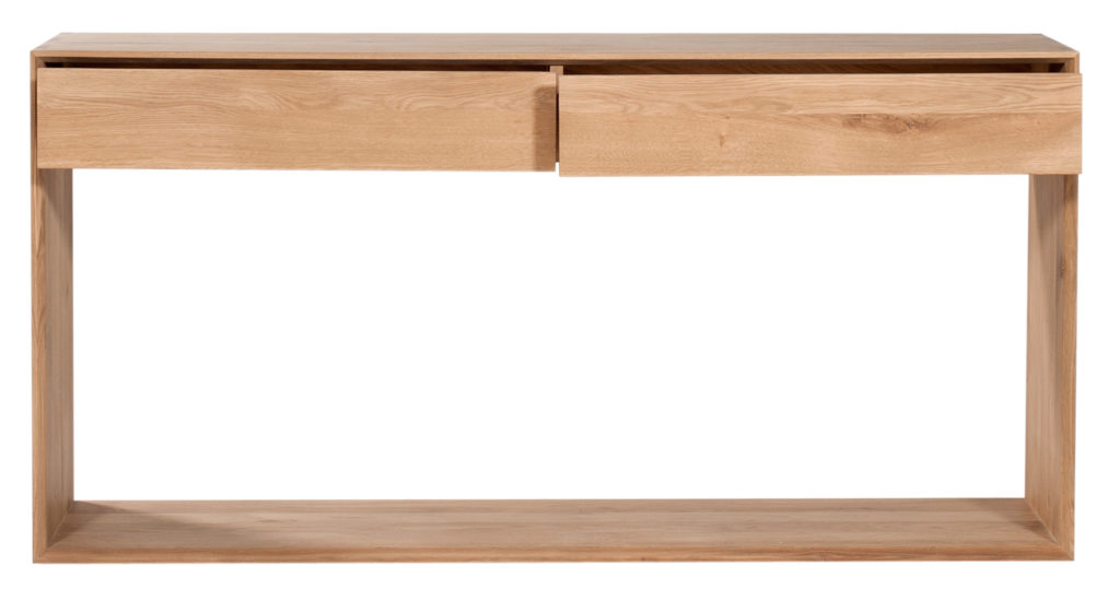 Une console en bois avec deux tiroirs.