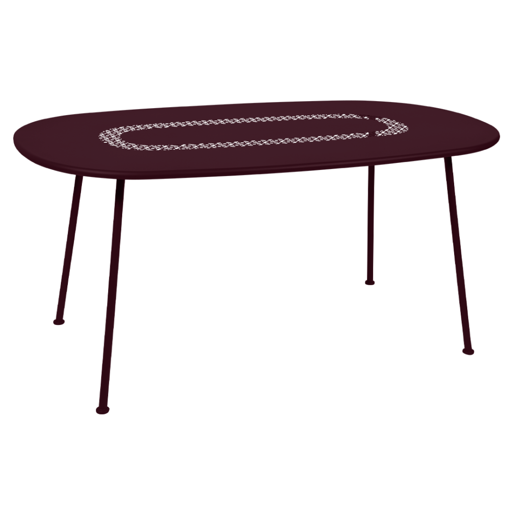 Une table ovale aux feuilles bordeaux et aux pieds noirs.