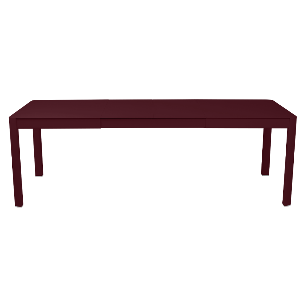 Une table extensible bordeaux avec un plateau noir.