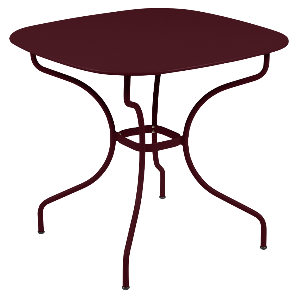 Une table cerise noire avec un piètement en métal.