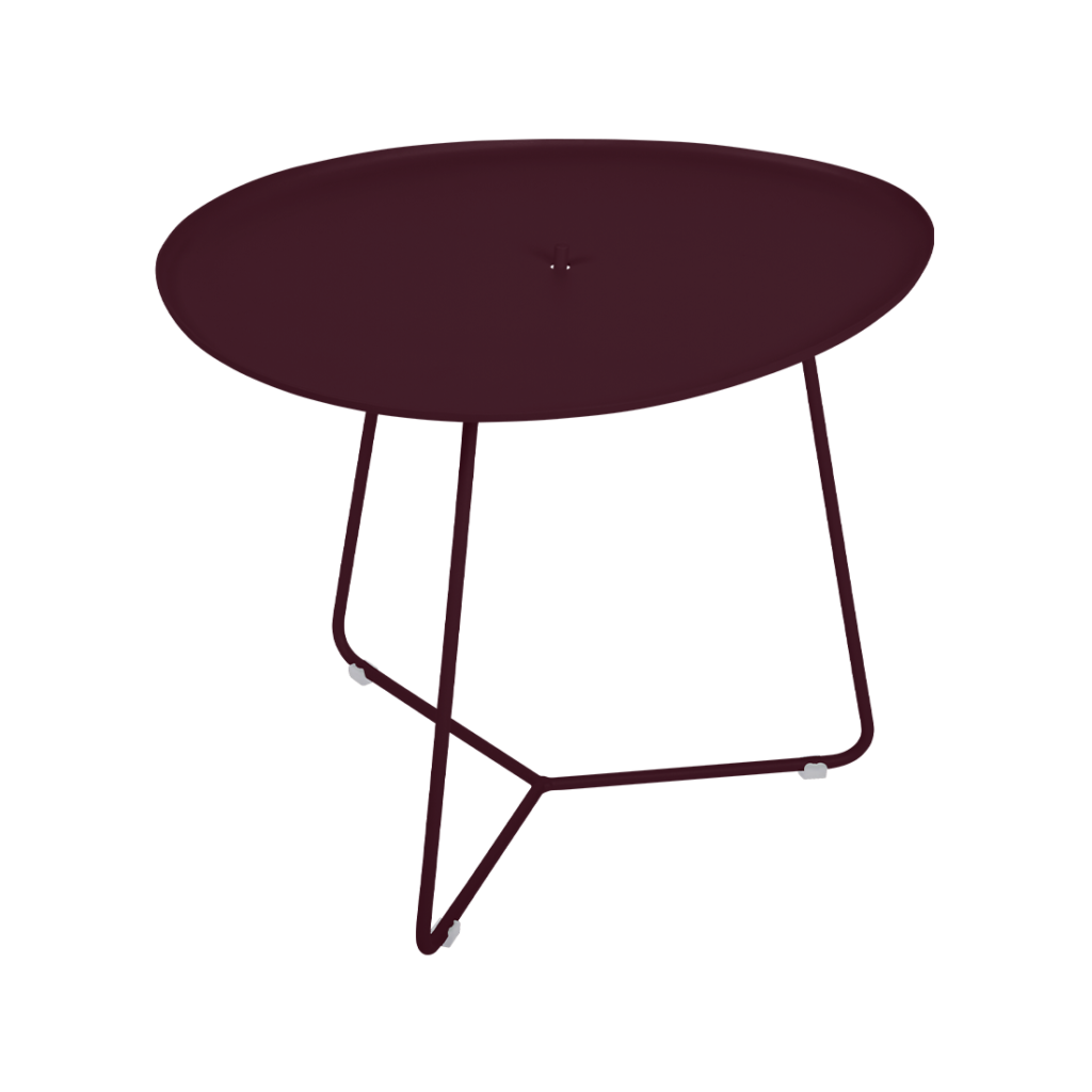 Une table noire avec un socle cerise.