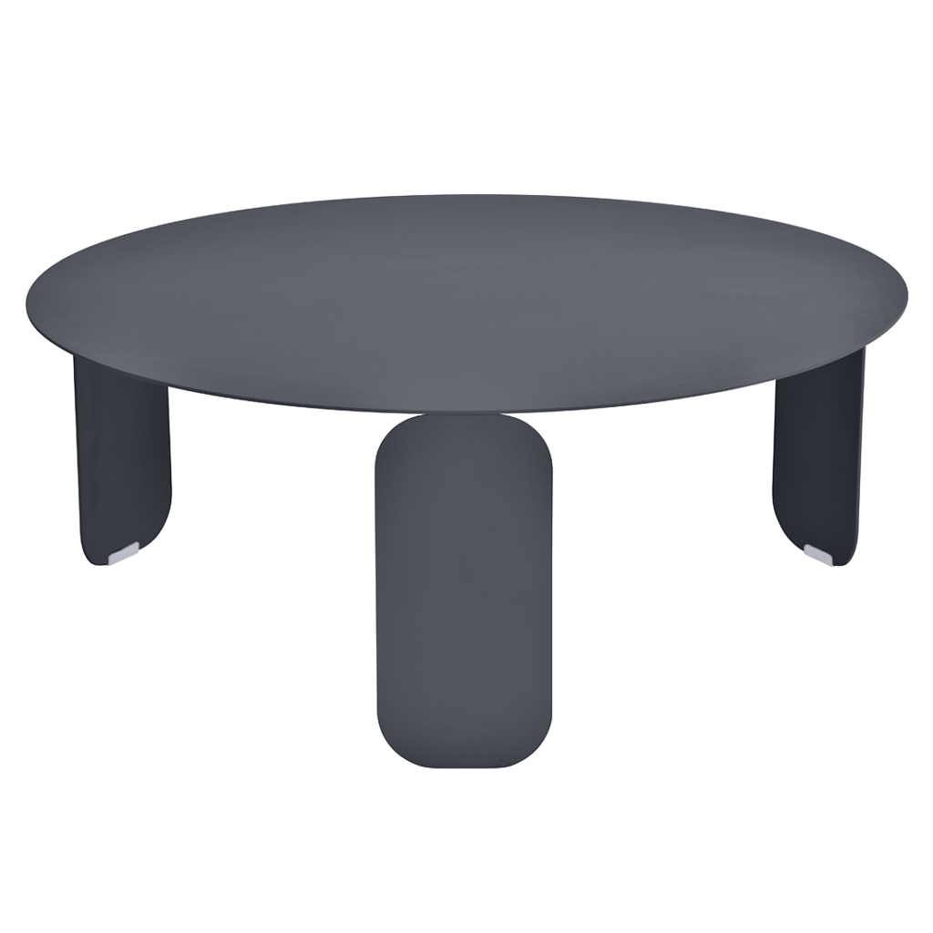 Une Table basse Bebop, diam 80 cm pour un diamètre de 80 cm, reposant sur deux pieds, posée sur un fond blanc.