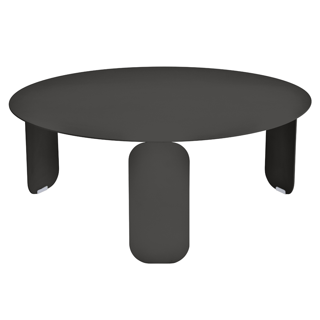 Une Table basse Bebop, diam 80 cm avec un plateau noir et deux pieds sur fond blanc.