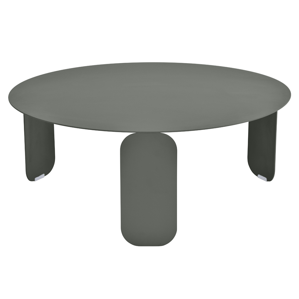 Une Table basse ronde Bebop avec deux pieds en métal, mesurant un diamètre de 80 cm, et un plateau gris.