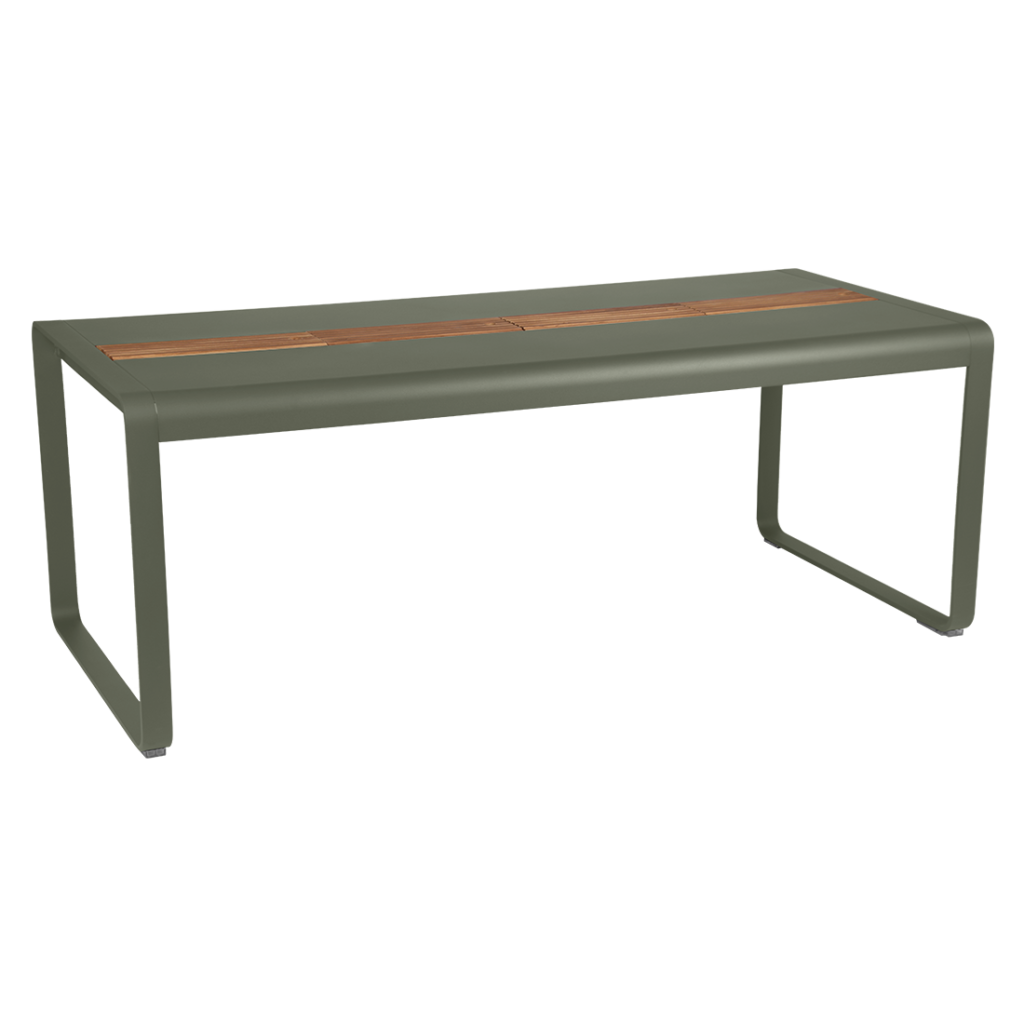 Un banc vert avec un plateau en bois et des rangements.