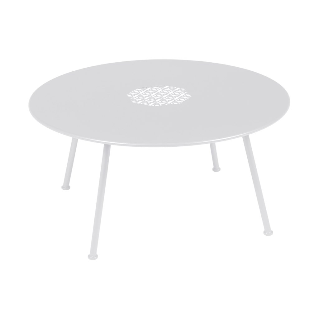 Une Table basse Lorette blanche avec un plateau rond et un socle de diamètre 80 cm.