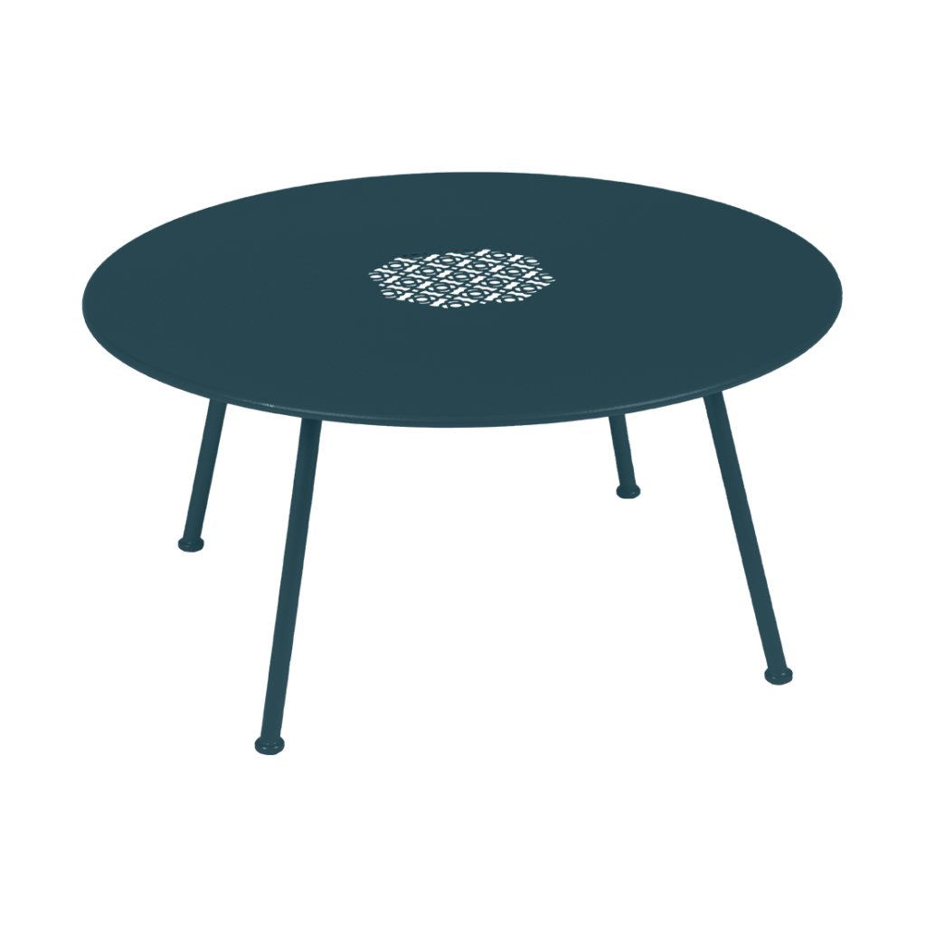 Une Table basse Lorette d'un diamètre de 80 cm, de couleur bleu foncé.