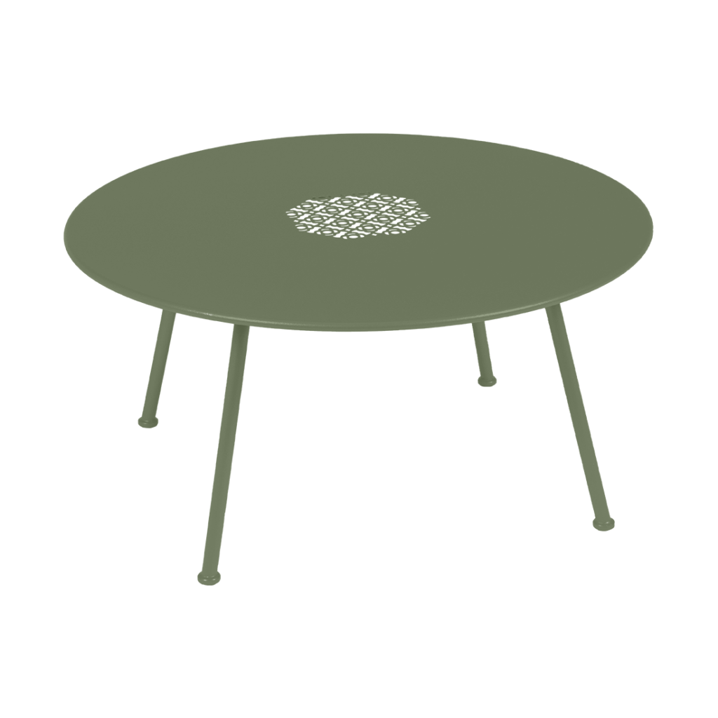 Une Table basse ronde Lorette de couleur vert olive de diamètre 80 cm.