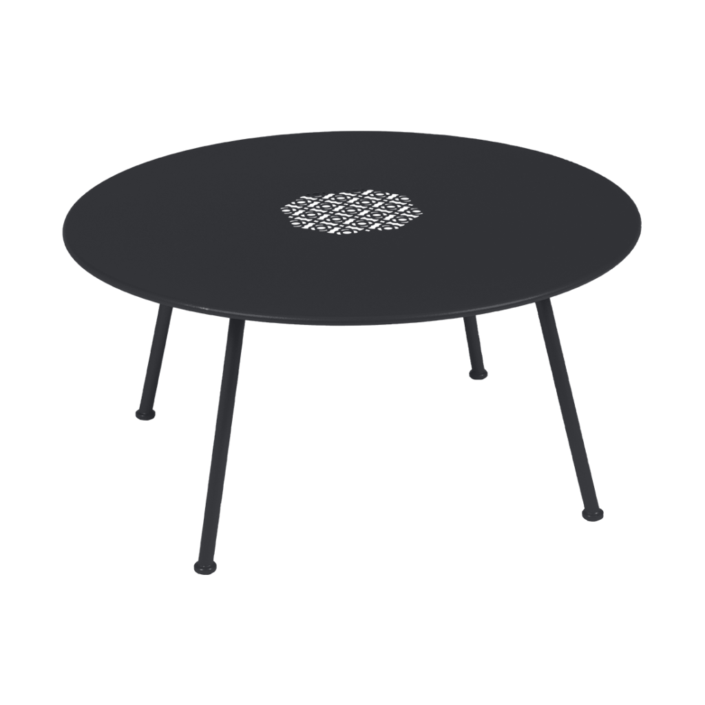 Une "Table basse Lorette, diam 80 cm" avec un plateau noir et des pieds noirs.