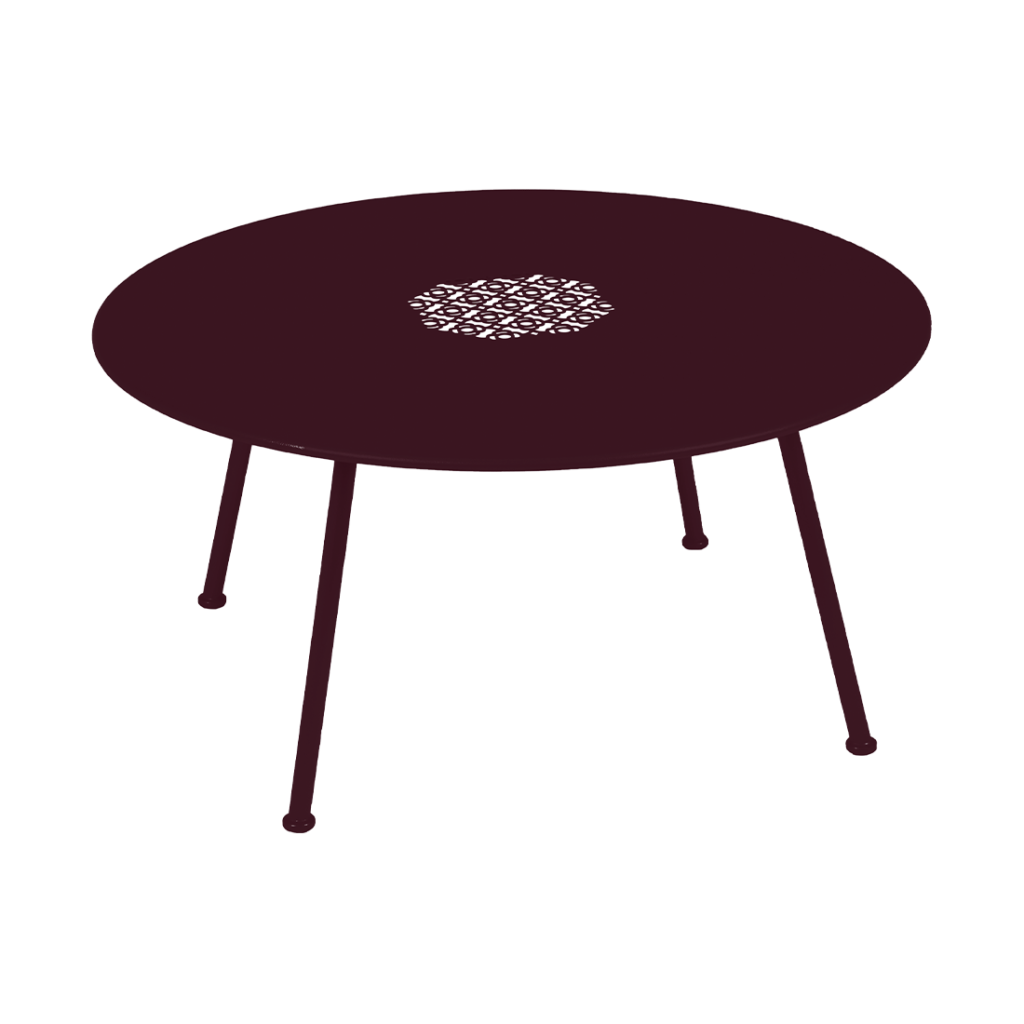 Une Table basse Lorette, diam 80 cm de couleur bordeaux avec un piètement en métal.