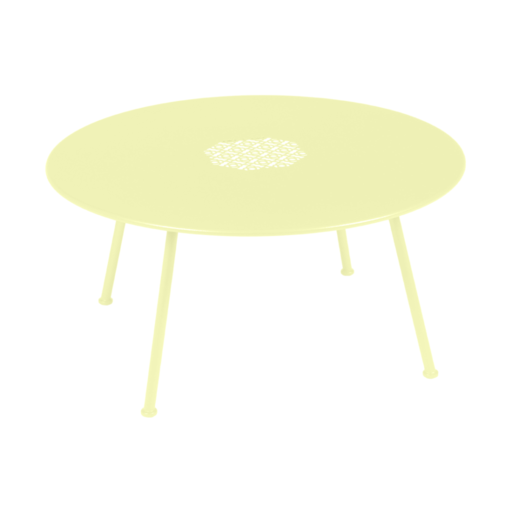 Une Table basse Lorette avec un plateau jaune et un diamètre de 80 cm.
