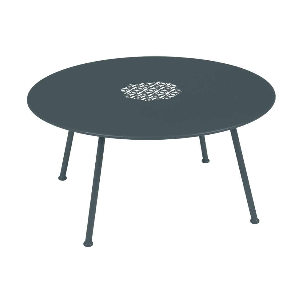 Une "Table basse Lorette, diam 80 cm" avec un plateau diam 80 cm, soutenu par deux pieds.