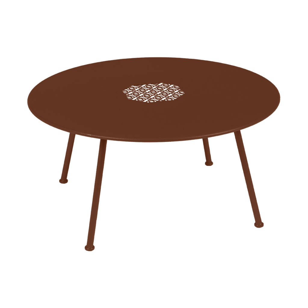Une table basse Lorette marron avec un plateau rond et deux pieds. (diamètre 80 cm)