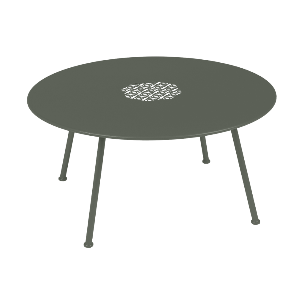 Une Table basse Lorette, diam 80 cm, dotée de deux pieds et d'une couleur vert foncé.