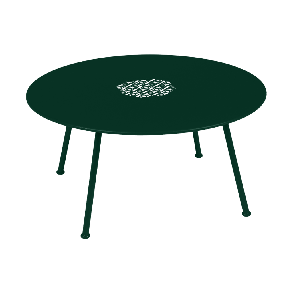 Une Table basse ronde verte Lorette, diam 80 cm avec pieds en métal.