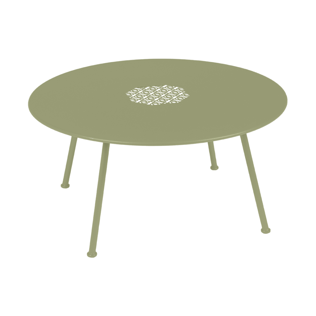 Une Table basse Lorette vert clair, diam 80 cm avec deux pieds.