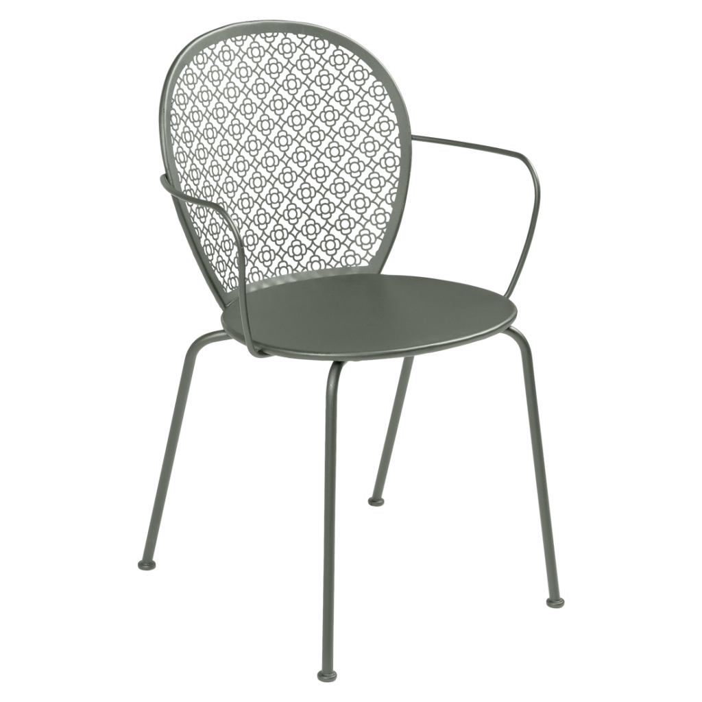 Un fauteuil Lorette avec un cadre métallique vert.