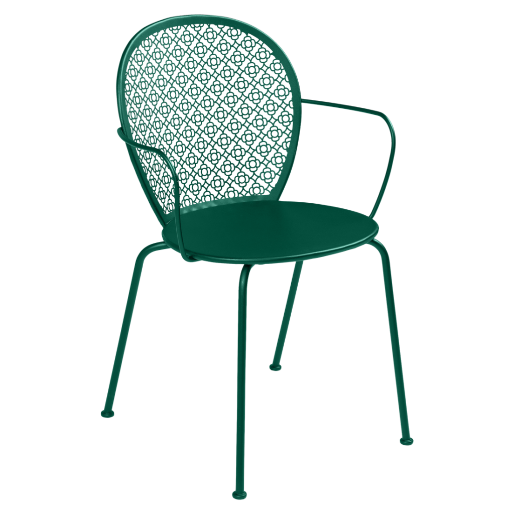 Une chaise d'extérieur Fauteuil Lorette avec une structure en métal vert.