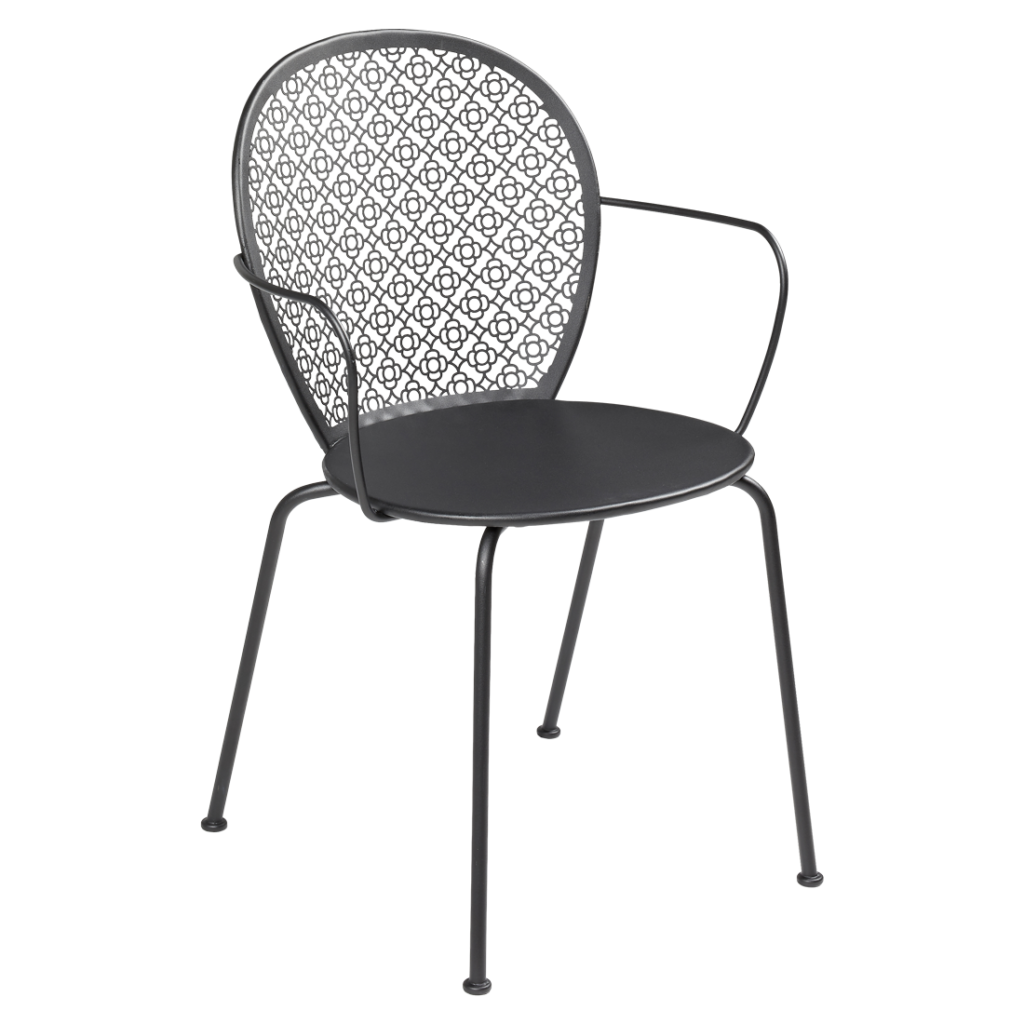 Fauteuil Lorette : Cette chaise d'extérieur présente une élégante structure en métal noir, offrant une touche contemporaine à tout décor extérieur.