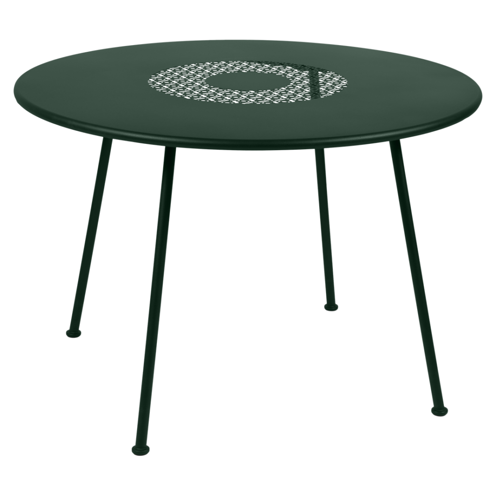 Une table ronde avec pieds en métal et plateau vert, diam 110 cm.