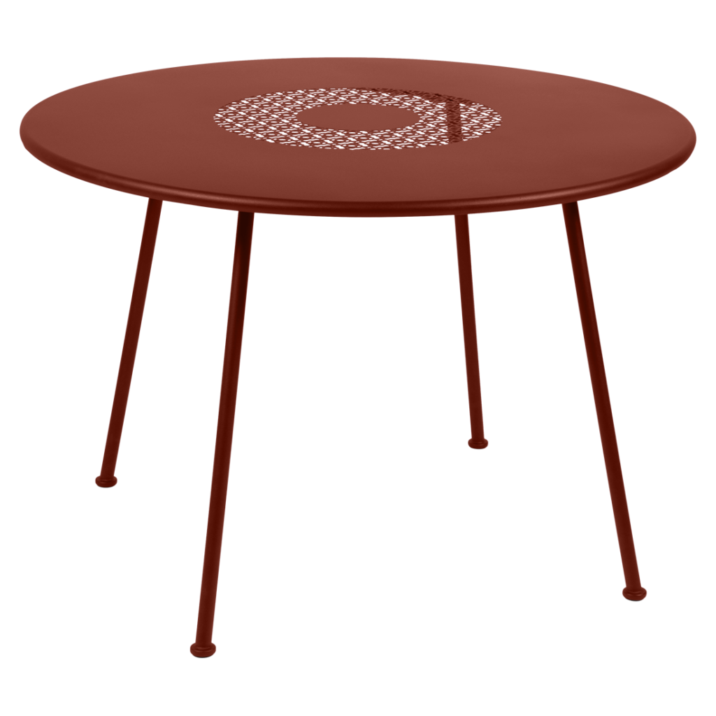 Une table ronde avec pieds en métal de couleur rouge, mesurant un diamètre de 110 cm.