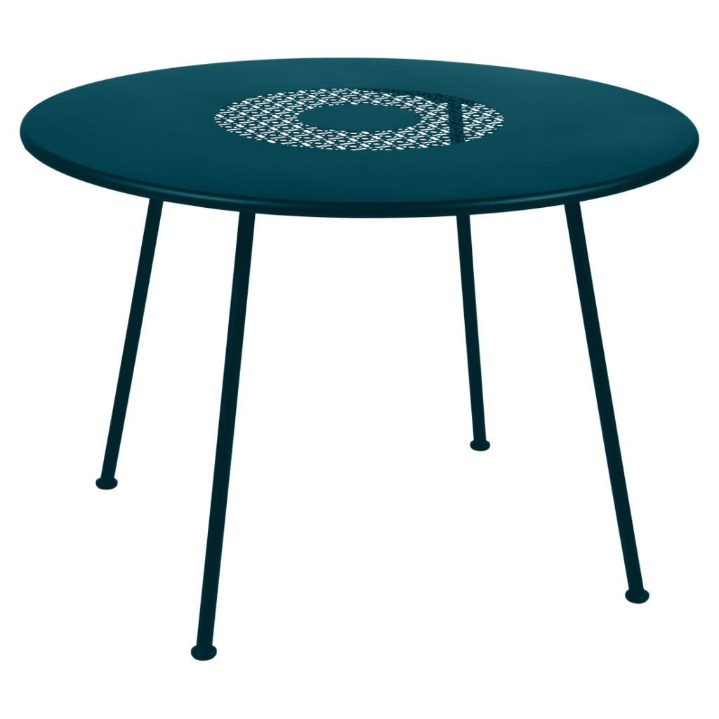 Une table ronde en couleur bleu foncé avec deux pieds.